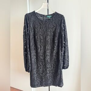 LAUREN RALPH LAUREN ADIVA LONG SLEEVE LACE BLACK COCKTAIL DRESS $250 Sz 12 / 14